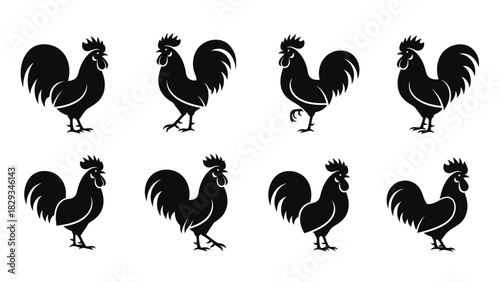 Collection of monochrome rooster illustrations featuring different poses and stances for graphic