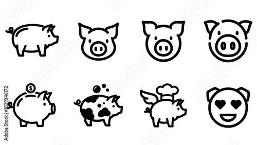 Collection of minimalist pig icons representing various concepts in line art style