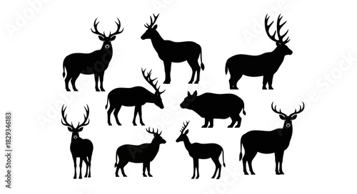 Silhouette Collection of Wildlife Animals Featuring Deer and a Wild Boar Isolated on White