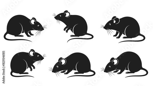 Black and white vector illustration of six cute cartoon mice in different poses on a white
