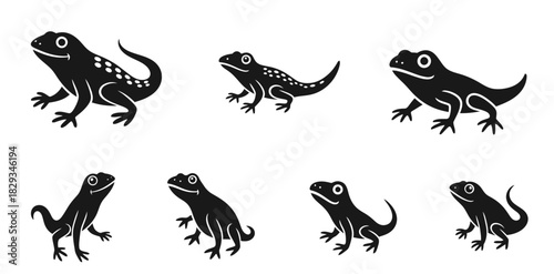 Black and white vector illustration featuring stylized cartoon gecko designs in various poses for