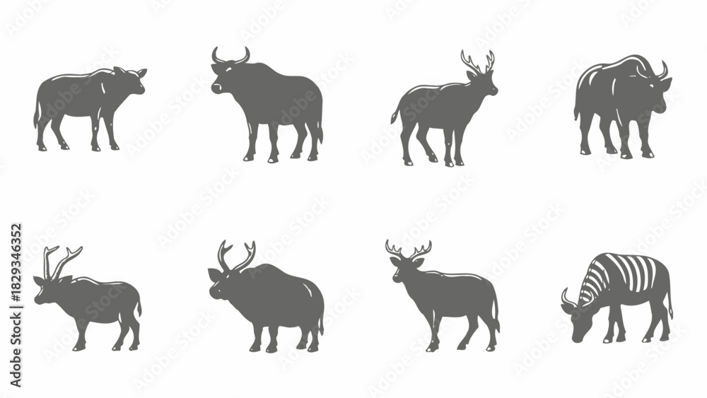 Fototapeta premium Animal Silhouette Collection Featuring Diverse Wildlife Forms with Various Mammals and Antelopes