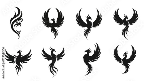 Collection of Detailed Black Phoenix Illustrations on a White Background Isolated