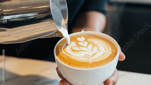 Barista skillfully pouring steamed milk creating perfect tulip latte art design into a fresh espresso beverage for morning coffee service