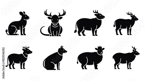 Variety of black silhouette vector illustration of animal species on white background