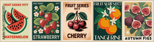 Vintage 1977 fruit poster series featuring watermelon, strawberry, cherry, tangerine, and figs. Retro mid-century style with bold colors, clean lines, and stylized botanical illustrations