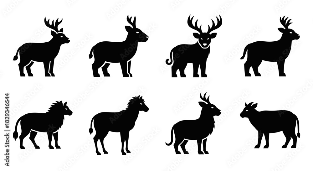 Fototapeta premium Diverse Animal Silhouettes: A Vector Collection of Deer, Zebra, and Cow Representations