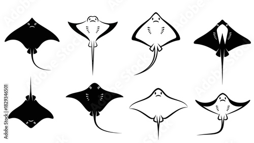Diverse stingray silhouettes showcased against a clean white background offering varied designs