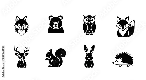 Monochrome vector icons representing forest wildlife featuring diverse animal species illustration