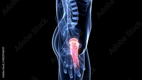 3D rendered medical animation of pain in hips and thighs Transparent Human Body with Visible Bones