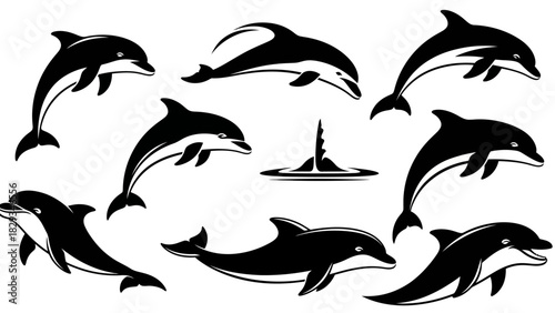 Elegant Silhouette Collection of Playful Dolphins in Various Poses and Swimming Styles