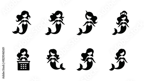 Collection of charming mermaid silhouette icons showcasing diverse designs and hairstyles
