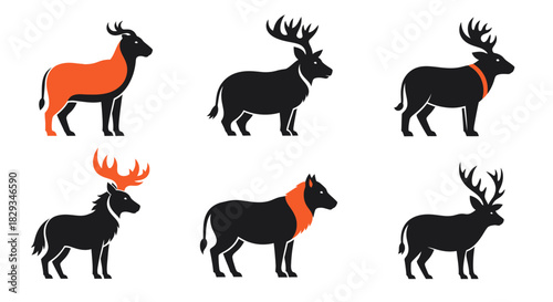 Diverse deer silhouettes in black and orange on a white background showcasing different antler