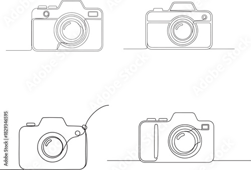 Four minimalist line art drawings of vintage cameras in different perspectives