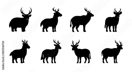 Silhouette Collection of Deer Illustrations with Various Poses and Antler Designs on White