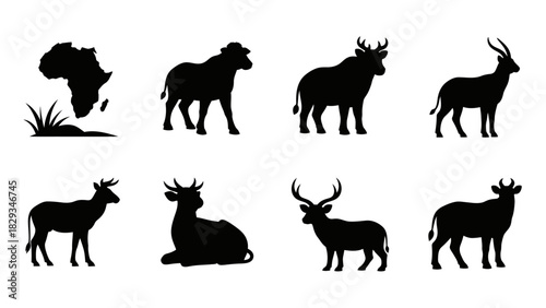 Diverse African Wildlife Silhouettes Featuring Continent Map, Buffalo, Antelope and Cattle