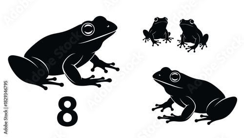 Elegant Black and White Illustration Featuring Frogs and the Number Eight Design