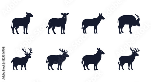 Silhouette Collection of Ungulate Mammals Illustrating Diversity in Wildlife Art