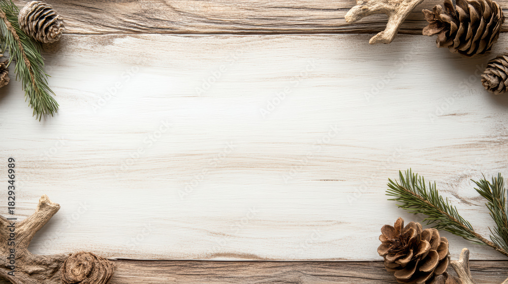Obraz premium Rustic wood background with pine cones and evergreen sprigs creating neutral festive frame