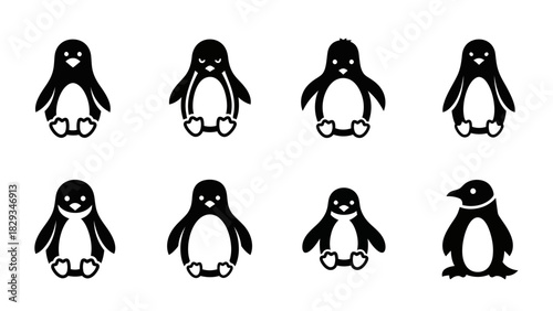 Collection of eight adorable penguin icons in simple black and white vector design