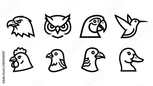 Vector illustration of simple bird head icons showcasing various avian species