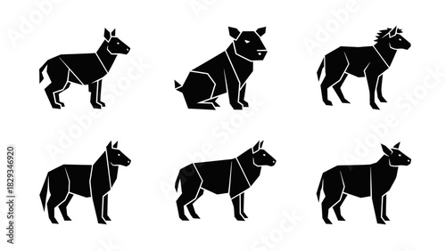 Geometric Animals Set in Black Silhouette on White Background: Wildlife Icons
