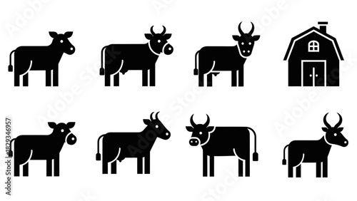 Minimalist farm animal icons featuring stylized cows and a barn in a vector format