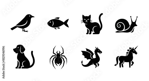 Collection of Illustrated Silhouettes Featuring Various Animals and Mythical Creatures