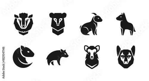 Monochrome collection of animal logos depicting a variety of wildlife creatures in a simple style