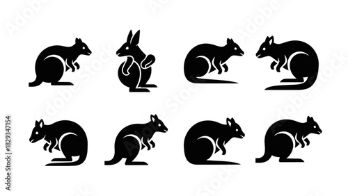 Collection of black silhouette kangaroo vectors on a white background, icon set of animals with a