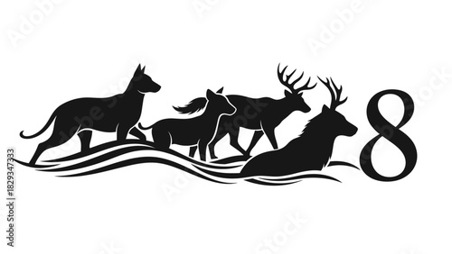 Silhouette of animals and the number eight evokes a sense of adventure and wilderness