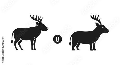 Spot the Difference Visual Puzzle: Comparing Two Deer Silhouette Illustrations with Number Eight