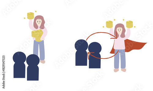 お金を独り占めする女性と経済を回して世界に貢献する女性の対比イラスト