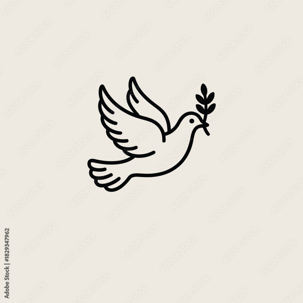 Fototapeta premium Outline drawing of a dove with an olive branch in its beak bird peace