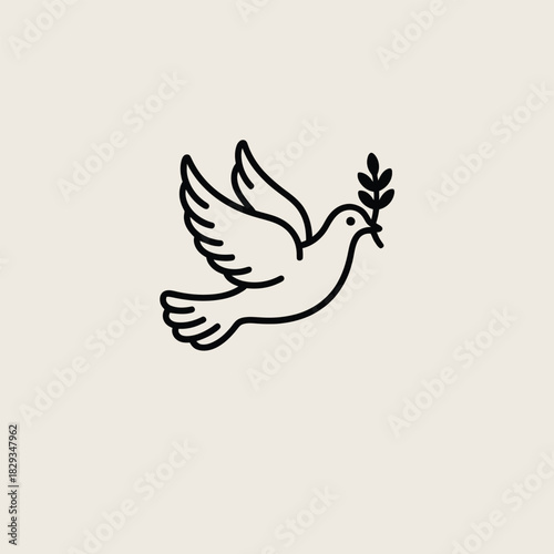 Outline drawing of a dove with an olive branch in its beak bird peace