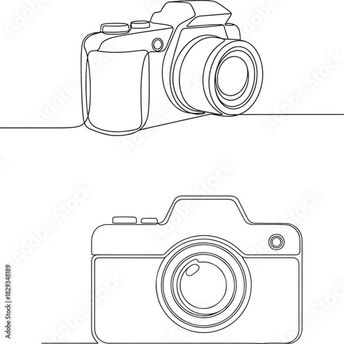 Two hand drawn outline illustrations of vintage and modern cameras on a white background