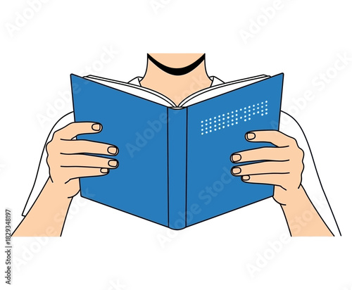Person reading a book with blue cover and white pages.