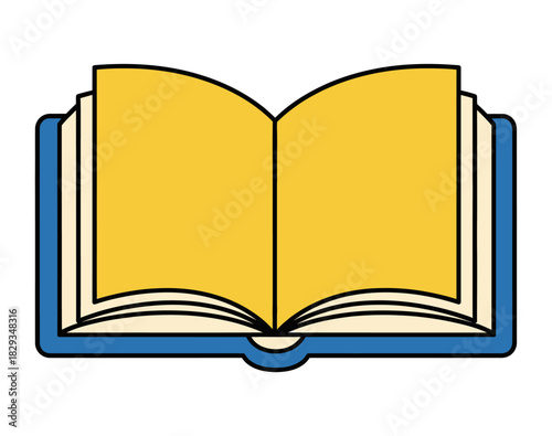 Stylized illustration of an open book with blank yellow pages and a blue cover, isolated on a white background.