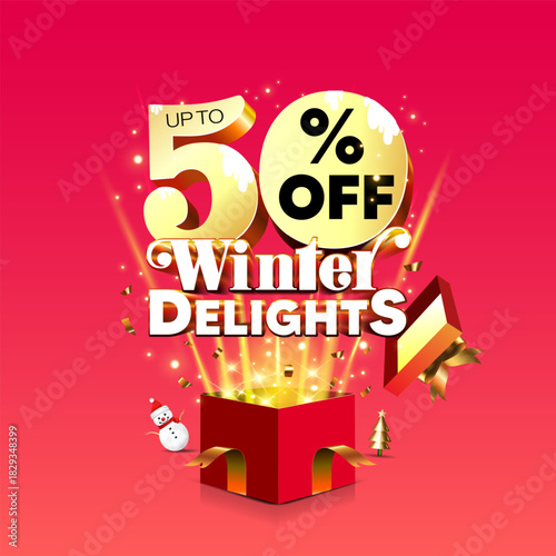 Banner design for winter sale promotion with Up to 50% off winter delights - 3D logo popping from a gift box.