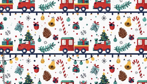 Festive Christmas Train Pattern with Holiday Decorations.