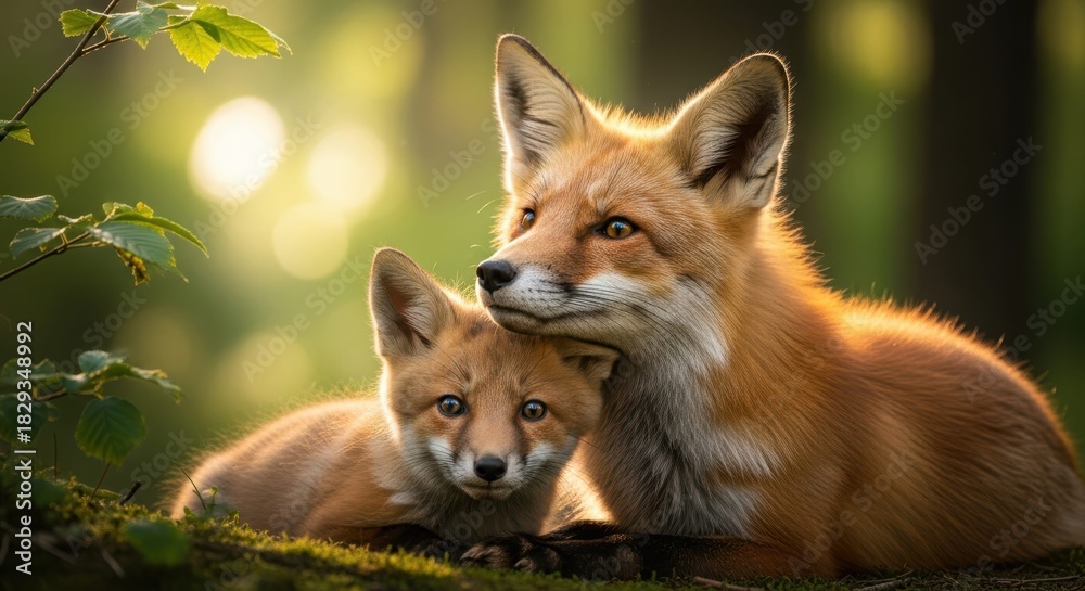 Obraz premium A mother fox and her cub resting in a sunlit forest clearing