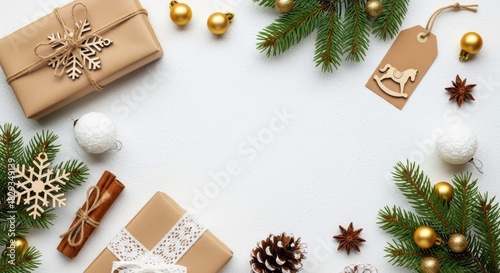 Christmas gifts and decorations arranged on a white background, top view