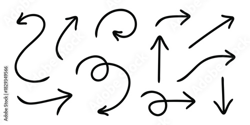 Set of hand drawn arrow vector icons, Simple lines hand drawn black arrows in various style. design element vector illustration