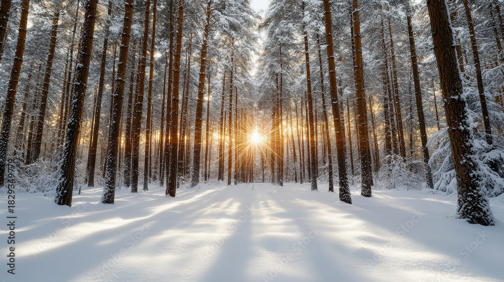 Fototapeta premium Snow forest sunrise snow pine tree winter sunlight snowy woodland sunbeam glow
