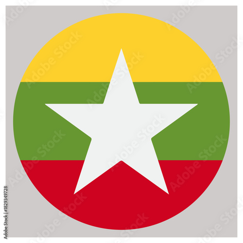 Circular national flag of myanmar (burma) with white star. isolated on white background, Vector