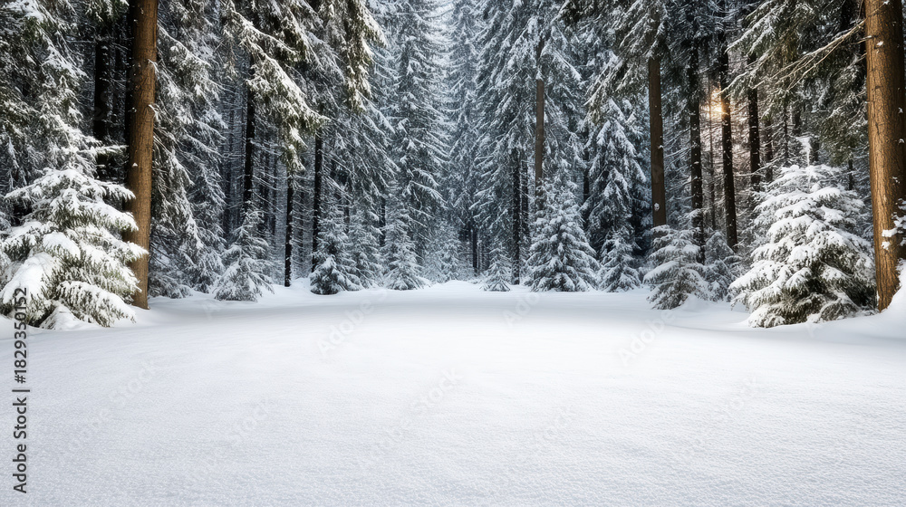 Fototapeta premium Snow laden pine forest glowing with soft moonlight, serene winter scene