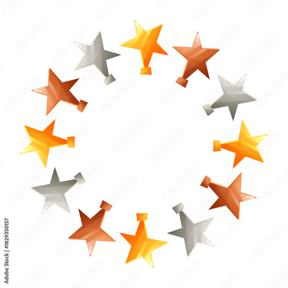 Fototapeta premium A circular wreath made of trophies in gold, silver, and bronze colors. The design features star shapes arranged evenly around the circle.