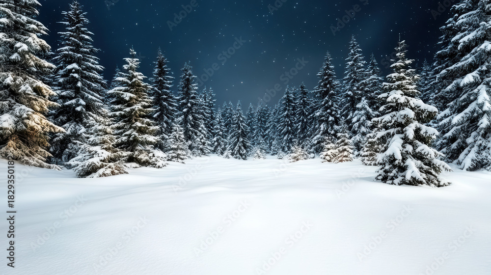 Naklejka premium Snow laden pine forest glowing with soft moonlight, serene winter night