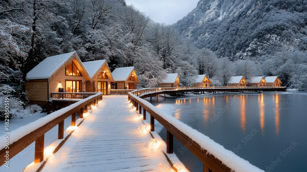 Obraz premium Snowy lakeside cabin walkway glowing with warm lights, cozy evening atmosphere