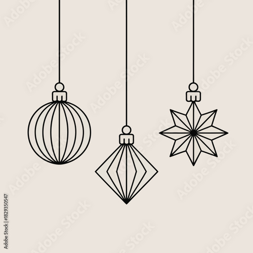 Three Line Art Christmas Ornaments Hanging on White Background baubles decorations